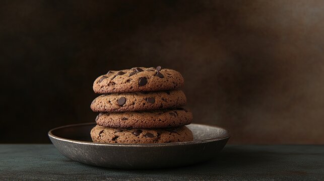 A stack of four chocolate chip cookies rests on a dark-grey metallic plate, set against a blurred dark brown background.  The cookies appear soft and chewy with visible chocolate chips