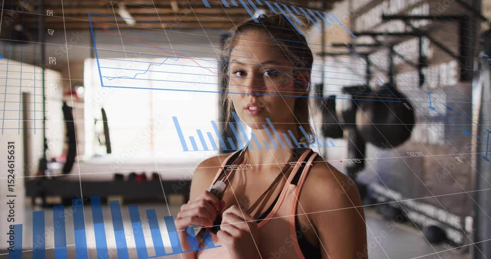 Poster gym trainer holding jump rope handles activating line graphs bar pie charts showing workout metrics
