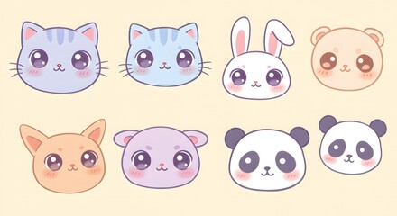 Obraz premium Funny cartoon animal head icons featuring a cute collection of pet, safari, and farm characters like cats, dogs, rabbits