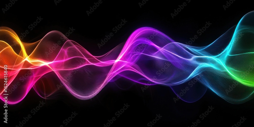 Poster colorful energy waves rippling through a dark void, creating mesmerizing patterns