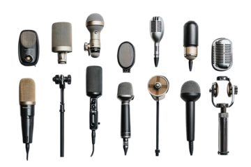 Variety of vintage and modern microphones arranged in a grid