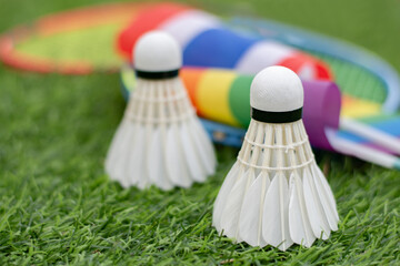White cream shuttlecock, badminton sport equipment, places on green grass in front of Thailand national flag and rainbow flag, concept for badminton sport for all genders and lgbtq+ people.