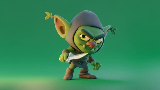 3D Render of Cartoon Goblin Character with Knife Isolated Against Green Screen For Visual Effects and Game Assets