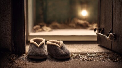 A pair of slippers at a shelters entrance, symbolizing home away from home.