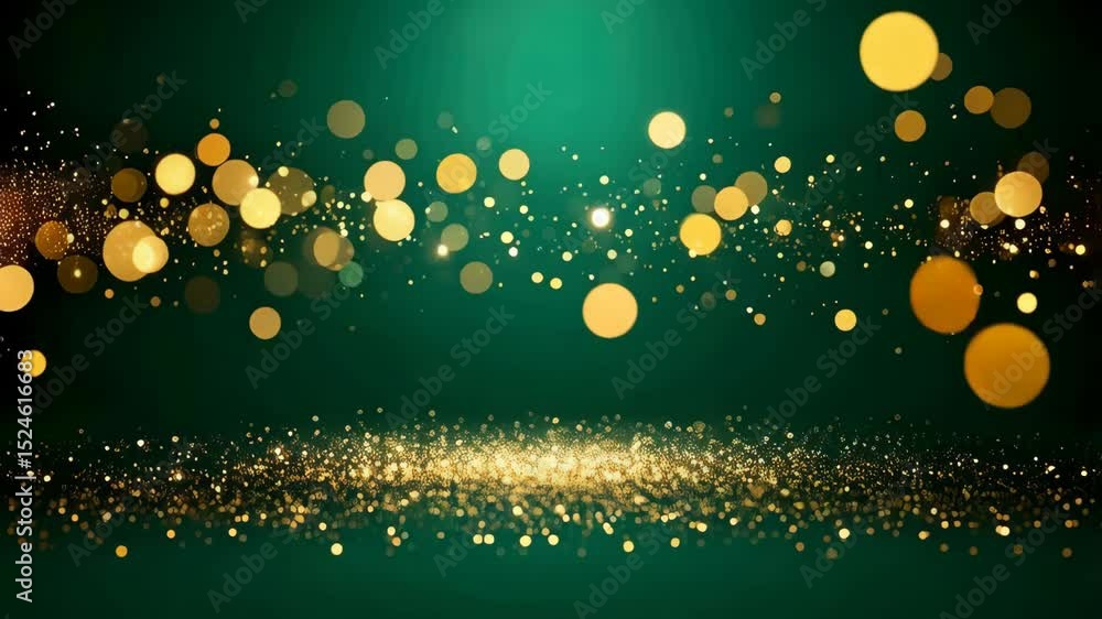 Poster glittering gold particles floating and moving on a dark green background animation