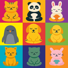 Colorful grid of cartoon animals meditating in various poses.