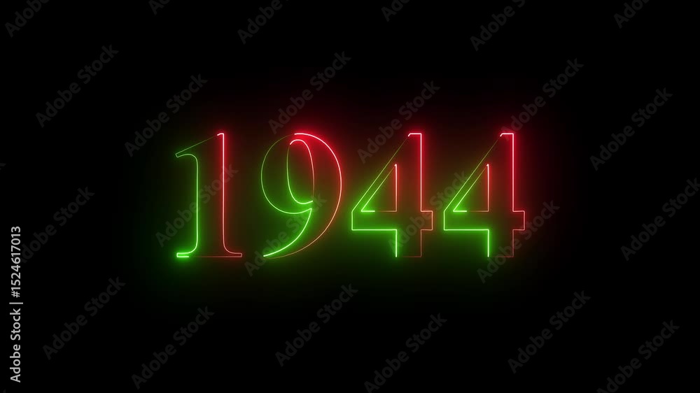 Poster abstract glowing neon number 1944. educational mathematics 1944 animation on black background. 4k mo