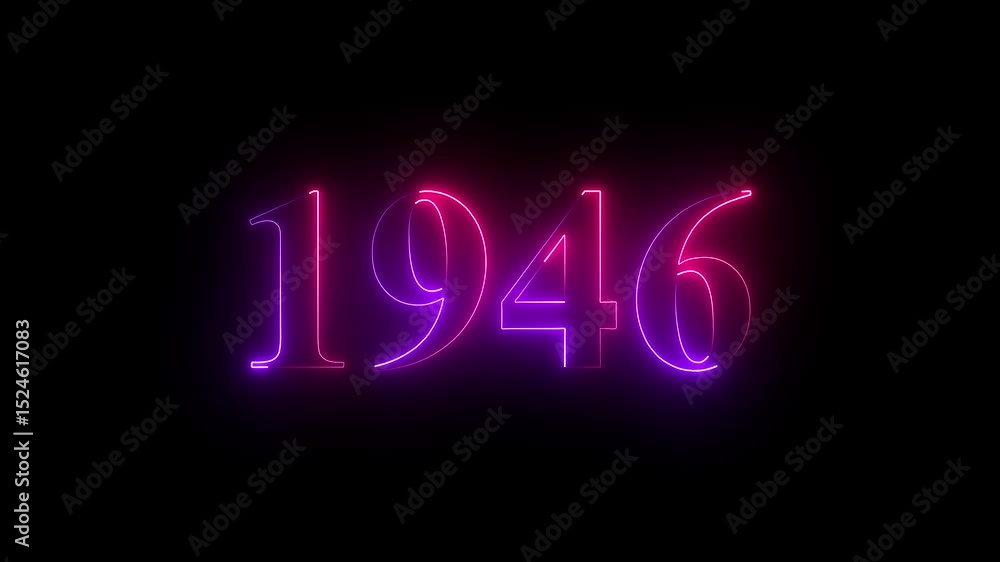 Poster abstract glowing neon number 1946. educational mathematics 1946 animation on black background. 4k mo