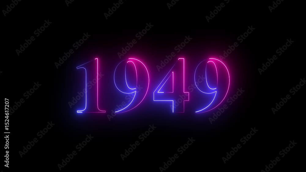 Poster abstract glowing neon number 1949. educational mathematics 1949 animation on black background. 4k mo