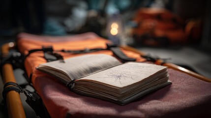 A notebook left on a rescue stretcher, symbolizing interrupted plans.