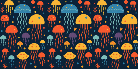 Colorful jellyfish pattern on a dark background, featuring various colors and shapes. © Riki