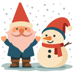 A cheerful gnome and snowman joyfully stand together in a snowy scene.