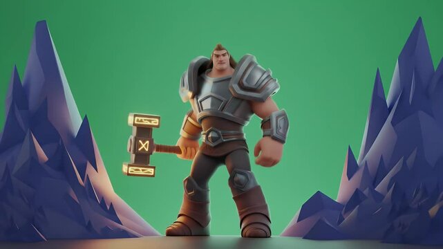 Muscular Human Warrior Idle with Glowing Hammer on Green Screen in Mystical Land Low Angle Armor VFX RPG Gaming Asset Animation and Cinematic