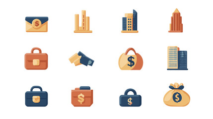 A collection of flat vector cartoon business growth icons including briefcase skyscraper bar chart and money bag on white background no shading no gradients
