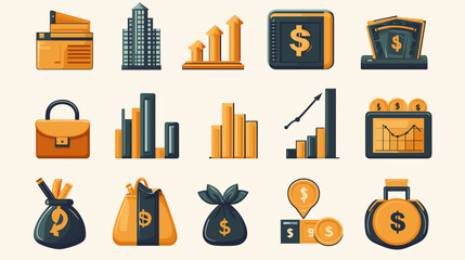 A collection of flat vector cartoon business growth icons including briefcase skyscraper bar chart and money bag on white background no shading no gradients
