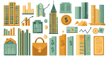 A collection of flat vector cartoon business growth icons including briefcase skyscraper bar chart and money bag on white background no shading no gradients
