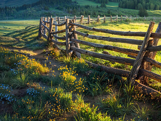 painting of Western log rail and post fence in grassy field.