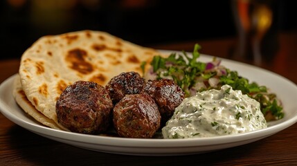 Grilled meatballs served with flatbread, a creamy herb sauce, and a vibrant salad of finely chopped red onion and parsley on a white plate atop a dark wooden surface