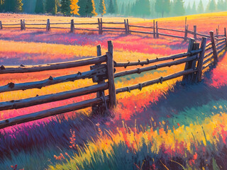 bright impressionist painting of Western log rail and post fence in grassy field.