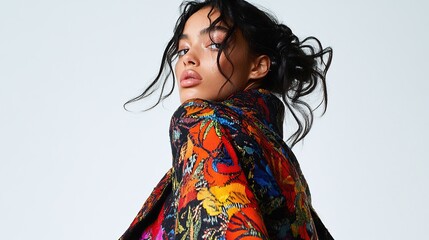 A young woman with dark hair styled in a loose bun, gazes over her shoulder.  She wears a vibrant, multicolored, floral-printed blazer. The background is plain, off-white