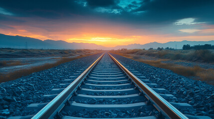Fototapeta premium Lone railroad track stretches into the distance through a vast desert under a night sky. Sparse surroundings evoke isolation, timeless journey, and the quiet persistence of travel through barren lands