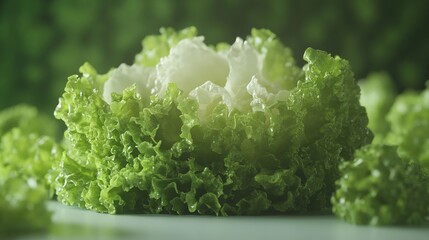 Close-up of a vibrant green lettuce head, dewy and crisp, with a lighter-colored inner core, set against a blurred green background