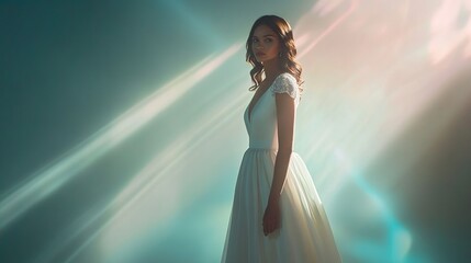 A woman in a flowing white gown, slightly turned, poses against a teal backdrop illuminated by dramatic, ethereal light streaks.  Her dark hair is styled in loose curls