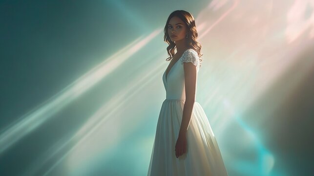 A woman in a flowing white gown, slightly turned, poses against a teal backdrop illuminated by dramatic, ethereal light streaks. Her dark hair is styled in loose curls