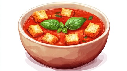 A bowl of vibrant red tomato soup garnished with crispy croutons and fresh basil leaves, presented against a stark white background