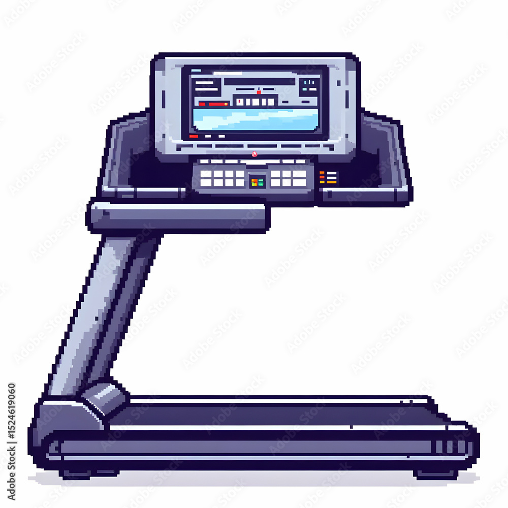 Poster pixel art illustration of a modern treadmill with a built-in console displaying workout data