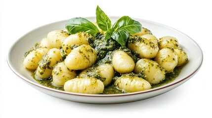A plate of potato gnocchi generously coated in vibrant green pesto sauce, garnished with fresh basil leaves, set against a stark white background