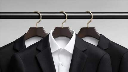 Stylish Suits on Wooden Hangers: Three elegant black suits, neatly arranged on dark wooden hangers, exude sophistication and style, ready for a business meeting or a special occasion.