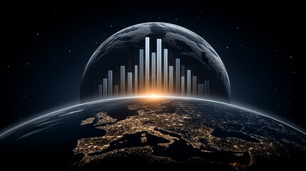 Global Data Visualization: A striking digital image portrays planet Earth overlaid with a dynamic bar graph, symbolizing the power of global data, interconnectedness.