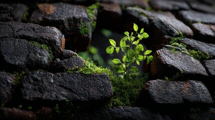 A plant growing out of a broken wall, symbolizing rebirth and the persistence of life.