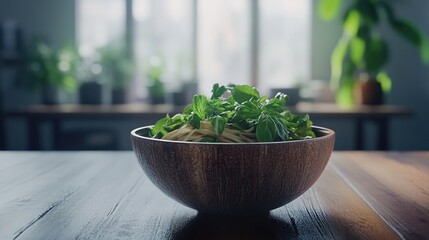 A rustic wooden bowl filled with pasta and fresh basil sits on a dark wood table, bathed in soft, natural light from a nearby window, with blurred indoor greenery in the background
