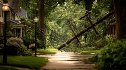 A power line fallen in a peaceful neighborhood, symbolizing sudden disruption in everyday life.