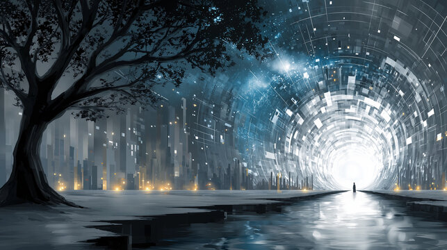 Gateway to the Unknown: A lone figure ventures toward a luminous portal at the end of a futuristic cityscape tunnel, flanked by a silhouetted tree, symbolizing journeys and endless possibilities.