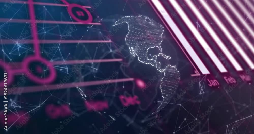 Poster red code scrolling initiating 3d globe spinning while charts animating for data visualization