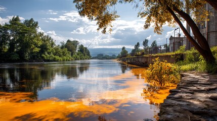A river dyed with chemical waste, symbolizing industrial pollution.