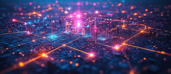 Fototapeta premium Futuristic city network illuminated by glowing connections