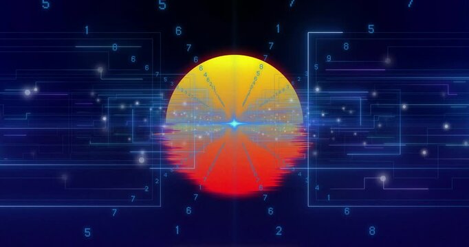 Blue flash initiating data orb forming circuits, morphing arcs, pulsing reflection, extracting data