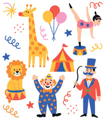 Set of circus characters with wild animals, ballons and clowns, show artist
