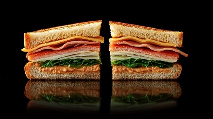 Two halves of a toasted sandwich, sliced to reveal layers of ham, cheese, lettuce, and a creamy spread, set against a black reflective surface