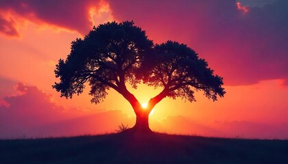 Silhouette of two intertwined trees against a vibrant sunset, representing the enduring bond of soulmates , kindred spirits, tranquility