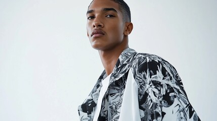 A young man with short dark hair, serious expression, models a black and white printed collared shirt over a white t-shirt against a bright background