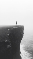 A lone figure walks along a curved cliffside path under an expansive sky. Minimalistic landscape evokes solitude, journey, and introspection. Clean composition with ample blank space for design use.

