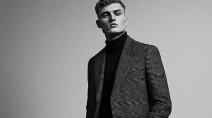 Monochrome portrait of a young man with styled hair, wearing a dark turtleneck sweater under a textured gray blazer, hands in pockets, against a neutral backdrop