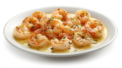A white plate holds succulent, butter-garlic sauteed shrimp, glistening with a light yellow sauce and sprinkled with fresh herbs.  The shrimp are plump and pinkish-orange
