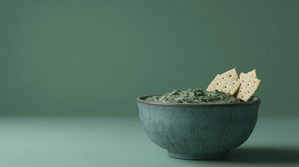 A teal bowl of vibrant green spinach dip, garnished with two crackers, sits on a matching green surface against a muted green backdrop.  The lighting is soft and even