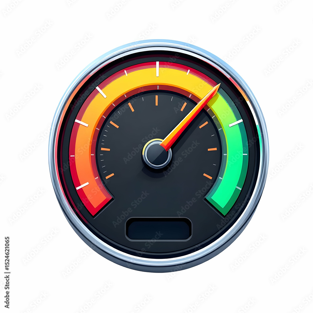 Poster a circular speedometer with a needle indicating a high speed, featuring a color-coded scale showing 